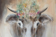 "Kuh" 80 x 80 cm, Acryl auf Leinwand, Collage - verkauft -
